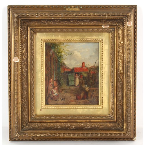 154 - Property of a gentleman - George Smith (1829-1901) - WOMEN AND CHILDREN IN COTTAGE YARD - oil on pan... 