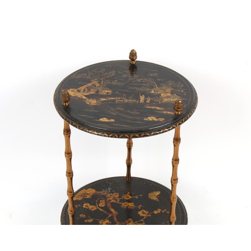 316 - Property of a lady - a bronzed faux bamboo & black chinoiserie decorated circular two-tier occasiona... 