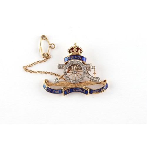 531 - Property of a gentleman - a gold diamond & enamel Royal Artillery sweetheart's brooch, 34mm long, wi... 