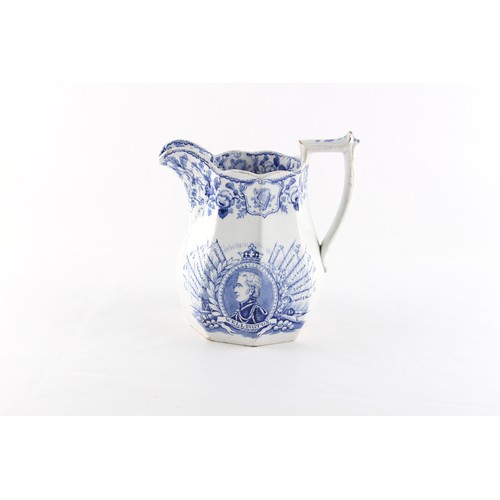 534 - Property of a gentleman - a Victorian blue & white commemorative jug, printed with a portrait of the... 