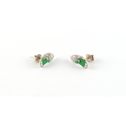 271 - Property of a lady - a pair of Art Deco unmarked white gold jadeite & diamond earrings, with post & ... 