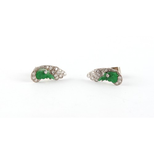 271 - Property of a lady - a pair of Art Deco unmarked white gold jadeite & diamond earrings, with post & ... 