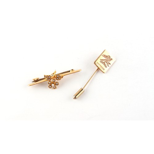 163 - Property of a deceased estate - an unmarked yellow gold (tests 15ct) seed pearl bar brooch, the pin ... 