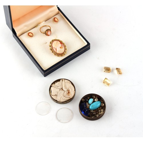 108 - Property of a deceased estate - a 9ct gold carved shell cameo suite of jewellery, boxed; together wi... 