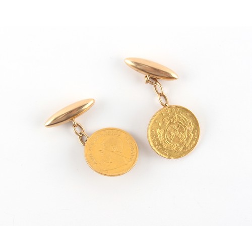 171 - Property of a deceased estate - a pair of 15ct gold cufflinks, each with an 1897 South African Half ... 