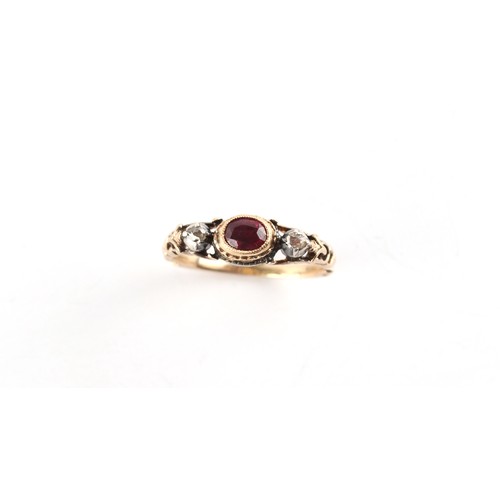 76 - A late Georgian unmarked yellow gold ruby & diamond ring, size R.