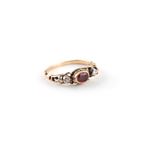 76 - A late Georgian unmarked yellow gold ruby & diamond ring, size R.