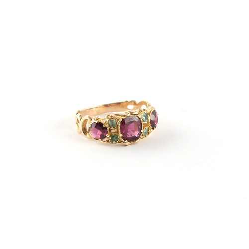 135 - A Victorian yellow gold amethyst & demantoid garnet ring, size N.