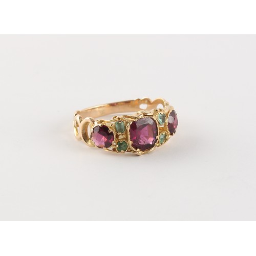 135 - A Victorian yellow gold amethyst & demantoid garnet ring, size N.