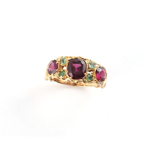 135 - A Victorian yellow gold amethyst & demantoid garnet ring, size N.