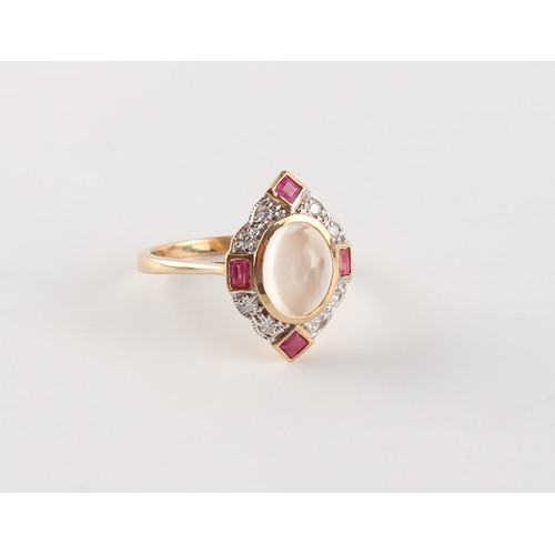 273 - A yellow gold moonstone ruby & diamond ring, the oval moonstone set within a border of four square &... 