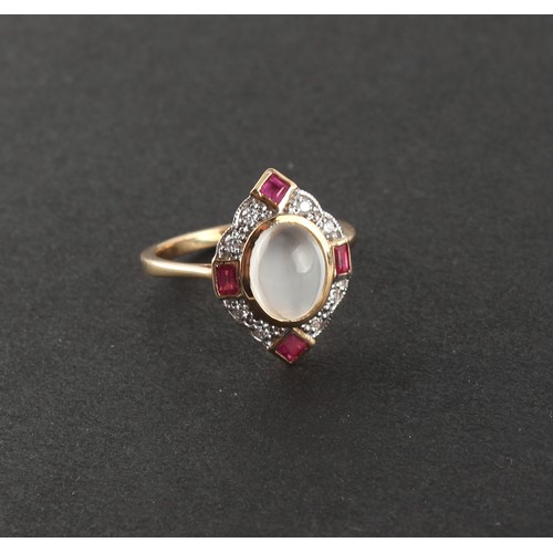 273 - A yellow gold moonstone ruby & diamond ring, the oval moonstone set within a border of four square &... 