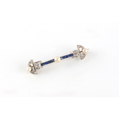 114 - An early 20th century Art Deco sapphire pearl & diamond bar brooch, approximately 54mm long (excludi... 