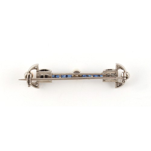 114 - An early 20th century Art Deco sapphire pearl & diamond bar brooch, approximately 54mm long (excludi... 