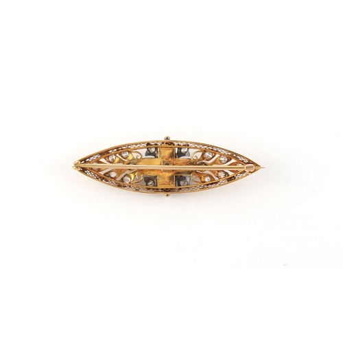 168 - An early 20th century unmarked yellow gold emerald & diamond marquise shaped brooch, 50mm long (excl... 