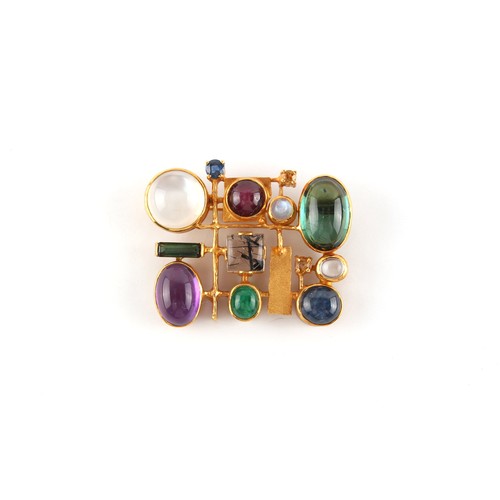 275 - A modernist 18ct yellow gold multi gem set brooch, the stones including cabochon ruby, emerald, sapp... 