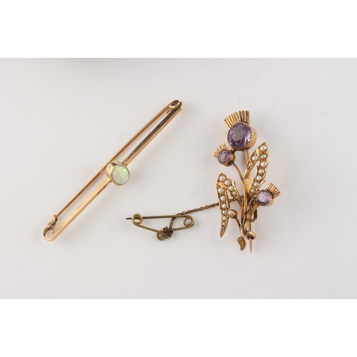 82 - Property of a gentleman - an early 20th century 15ct gold opal bar brooch, 58mm long, approximately ... 