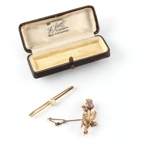 82 - Property of a gentleman - an early 20th century 15ct gold opal bar brooch, 58mm long, approximately ... 