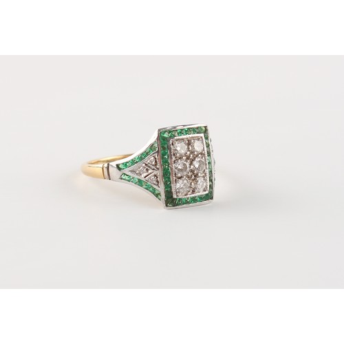 93 - A yellow gold emerald & diamond rectangular panel ring, with six round cut diamonds pave set within ... 