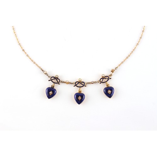 134 - A 9ct gold blue enamel & seed pearl fringe necklace, 16.25ins. (41.3cms.) long.