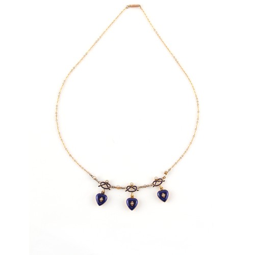 134 - A 9ct gold blue enamel & seed pearl fringe necklace, 16.25ins. (41.3cms.) long.