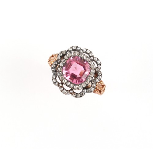 136 - A 19th century pink tourmaline & diamond ring, the octagonal cut pink tourmaline of good colour & cl... 