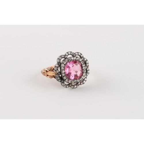 136 - A 19th century pink tourmaline & diamond ring, the octagonal cut pink tourmaline of good colour & cl... 