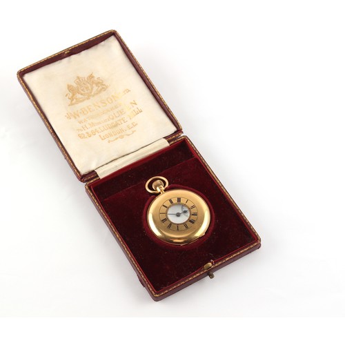 24 - Property of a lady - an 18ct gold half hunter cased pocket watch, keyless wind, the enamel dial insc... 