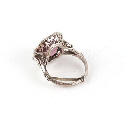 264 - Property of a lady - an Art Deco 18ct white gold amethyst & diamond ring, the octagonal cut amethyst... 