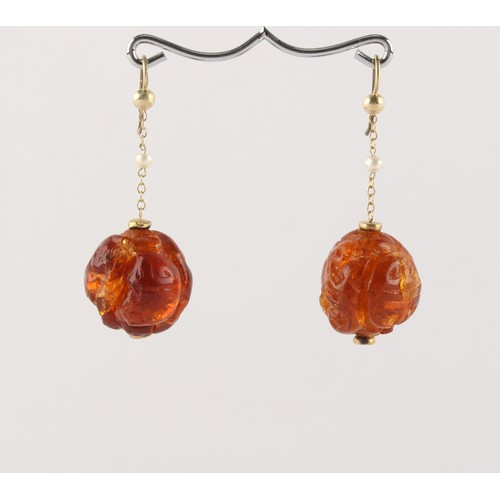 189 - A pair of amber ball & seed pearl pendant earrings, each approximately 46mm long (2).