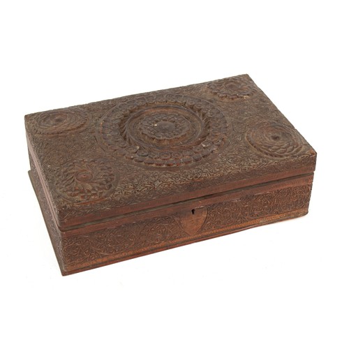 126 - Property of a gentleman - an Indian carved teak cigar box & a cardboard box containing assorted cost... 