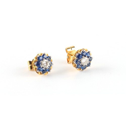 162C - Property of a gentleman - a pair of 18ct yellow gold sapphire & diamond cluster stud earrings, with ... 