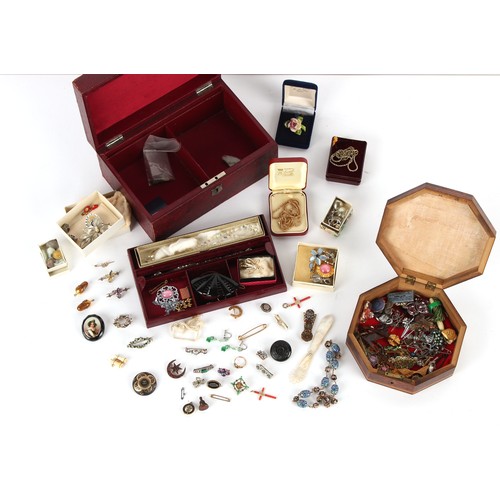 63 - Property of a gentleman - two cartons containing assorted costume jewellery, Victorian & later, in l... 