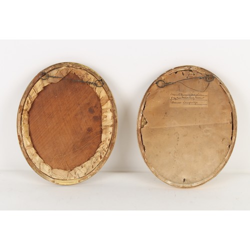 156 - Property of a lady - a pair of late 19th / early 20th century oval embroidered silk pictures depicti... 