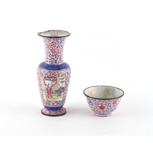 2 - Property of a lady - a 19th century Chinese Canton enamel pink ground baluster vase, painted with tw... 