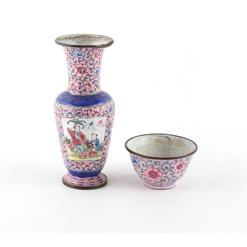 2 - Property of a lady - a 19th century Chinese Canton enamel pink ground baluster vase, painted with tw... 