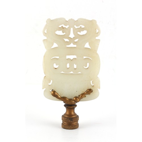 73 - Property of a lady - a Chinese carved white jade pendant plaque adapted as a lampshade finial, 3.7in... 