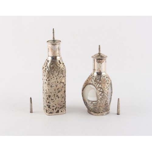 36 - Property of a gentleman - two Chinese sterling silver mounted scent bottles with covers, by Wai Kee,... 