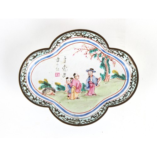 38 - Property of a lady - a small Chinese Canton enamel quatrefoil dish, losses to enamel on reverse, 3.8... 