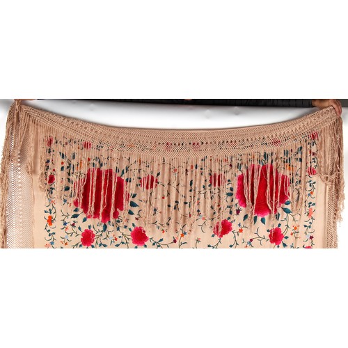 39 - Property of a lady - an early 20th century Chinese embroidered silk shawl, with large crimson flower... 