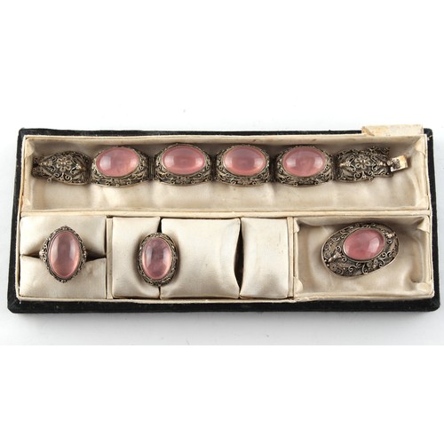 47 - Property of a gentleman - a Chinese silver filigree & oval cabochon rose quartz suite of jewellery c... 