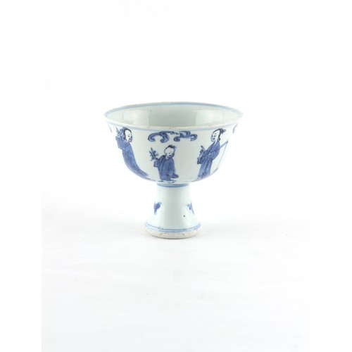 115 - Property of a lady - a Chinese blue & white stem cup, Ming Dynasty (1368-1644), painted with various... 