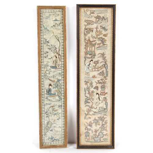 52 - Property of a lady - two Chinese embroidered silk sleeve panels, in glazed frames, the larger 20.1 b... 