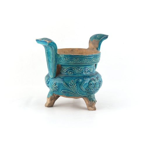 108 - Property of a lady - a Chinese turquoise glazed pottery censer, Ming Dynasty (1368-1644), with carve... 