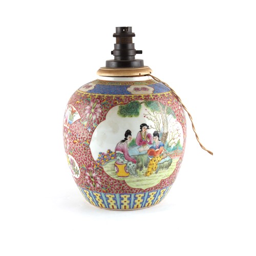 113 - Property of a lady - a Chinese famille rose ruby ground ovoid jar, first half 20th century, iron red... 