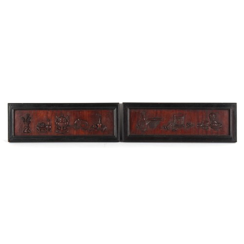 8 - Property of a lady - an unusual pair of late 19th century Chinese carved huanghuali panels, each car... 