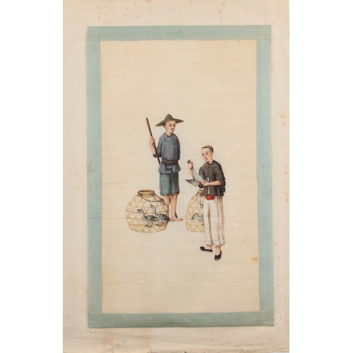 65 - An album of nine 19th century Chinese paintings on pith paper depicting Street Traders, each leaf ap... 