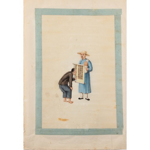 65 - An album of nine 19th century Chinese paintings on pith paper depicting Street Traders, each leaf ap... 