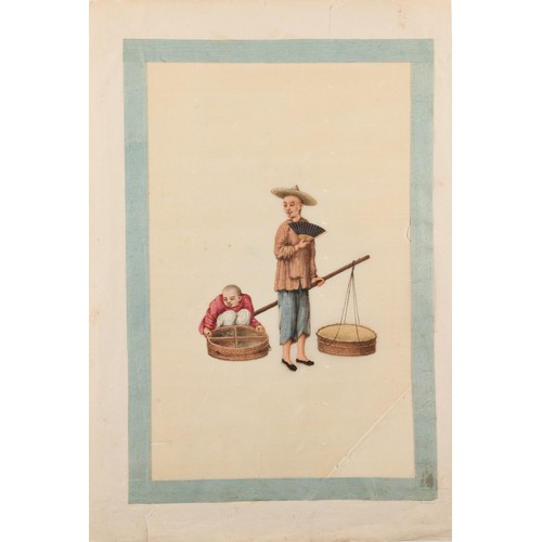 65 - An album of nine 19th century Chinese paintings on pith paper depicting Street Traders, each leaf ap... 