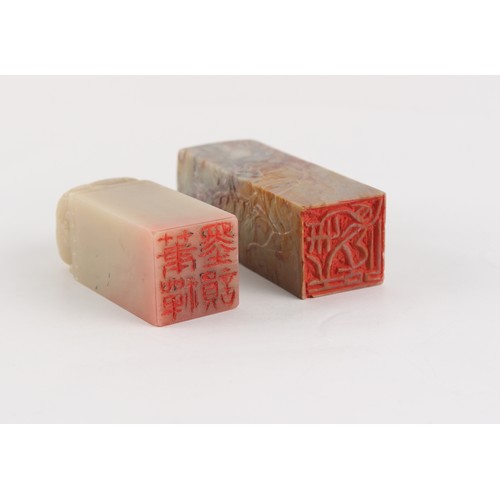 9 - Property of a lady - two Chinese soapstone seals, Qing Dynasty, the larger carved in low relief with... 